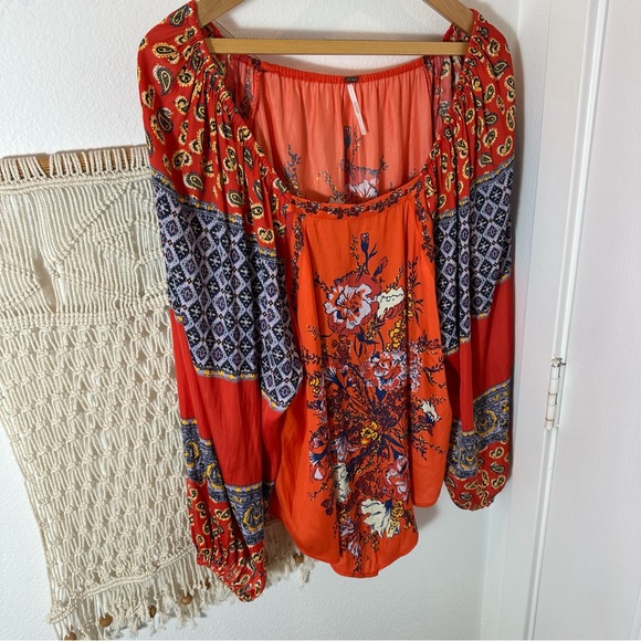 70s Free People Bright Orange Red Tapestry Bohemian Floral Peasant Blouse Small - Picture 10 of 11